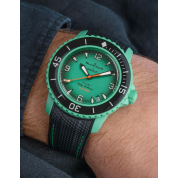 Swatch Long Strap Watch / Premium Black & Indian Green Stitches